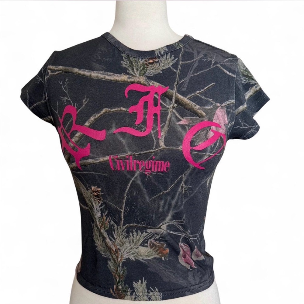 Civil Regime Black Camo Crop Tee with Pink Logo